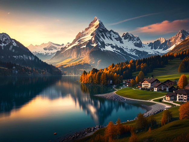 A mountain lake is surrounded by mountains and trees