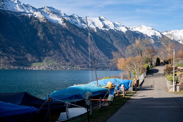 Mountain and lake in Iseltwald at Lake Brienz in Switzerland