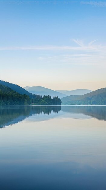 Mountain lake its surface reflecting the subtle colors of dawn background with copyspace