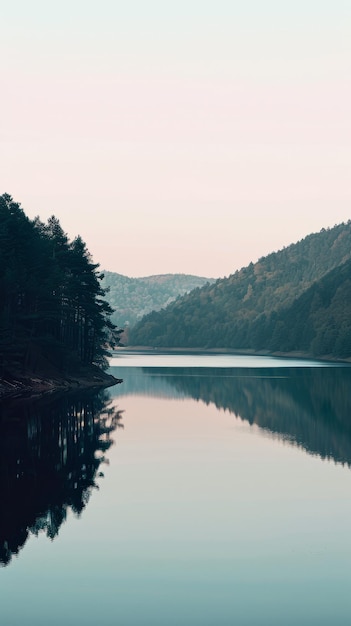 Mountain lake its surface reflecting the subtle colors of dawn background with copyspace