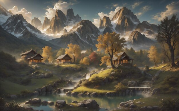 Mountain and lake Landscape Cartoon rocky mountains forest and river scene Wildlife mystical