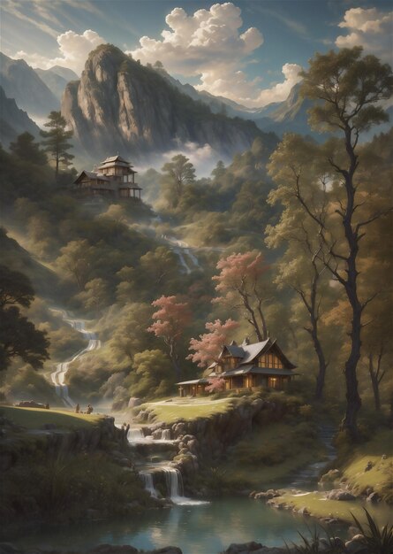 Mountain and lake Landscape Cartoon rocky mountains forest and river scene Wildlife mystical