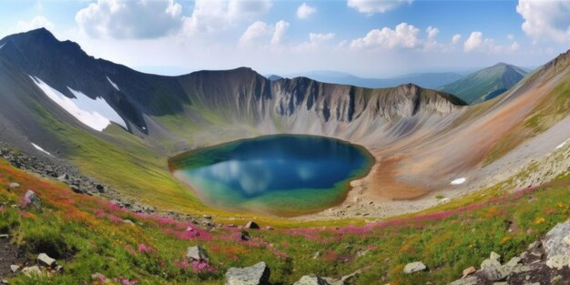 A mountain lake in the mountains with a green field of flowers.