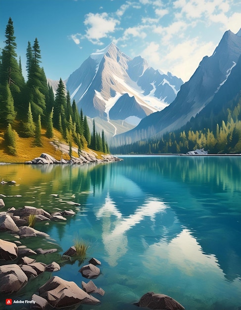 Mountain Lake Painting with Majestic Mountain Background