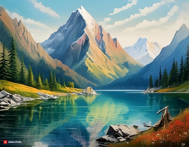 Mountain Lake Painting with Majestic Mountain Background