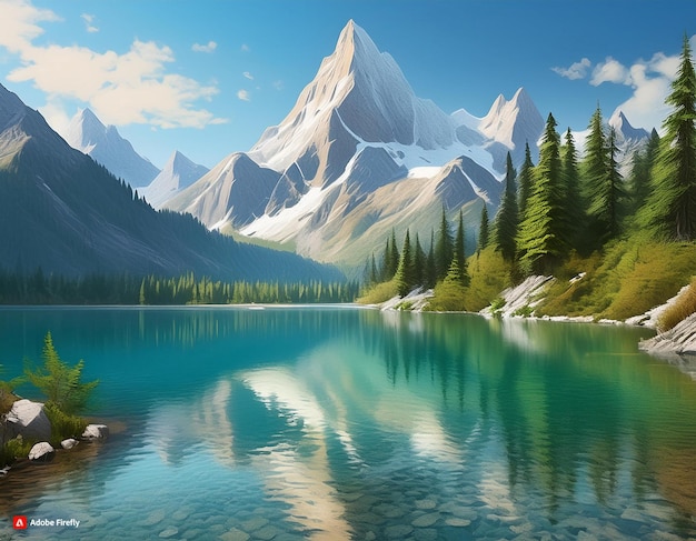 Mountain Lake Painting with Majestic Mountain Background