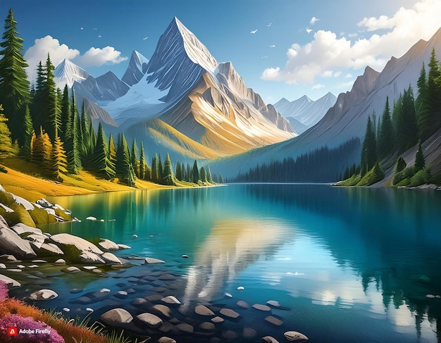 Mountain Lake Painting with Majestic Mountain Background