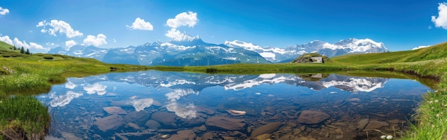 Mountain Lake Reflecting SnowCapped Peaks in the Swiss Alps on a Sunny Day