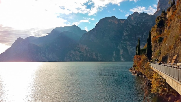 Mountain lake and road in autumn