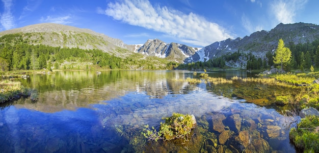 Mountain lake on a summer day with picturesque reflection