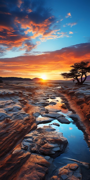 Mountain and lake on sunset