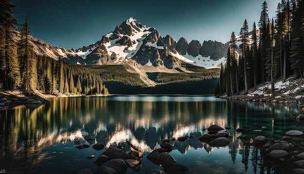 Photo mountain lake surrounded by pine trees