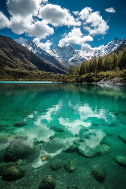 A mountain lake with a blue lake and a cloudy sky