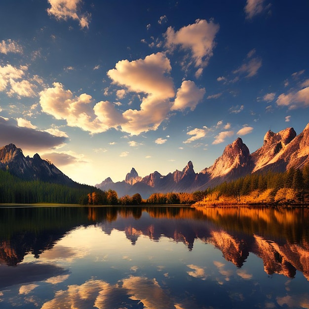 A mountain lake with a blue sky and clouds