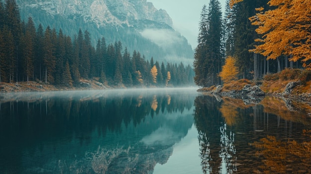 Photo mountain lake with calm water autumn trees and misty morning atmosphere