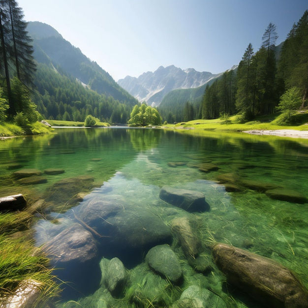 Mountain lake with clear water and green forest in the background