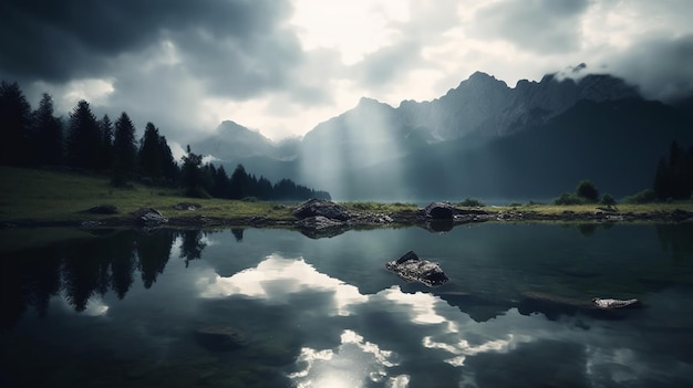 A mountain lake with clouds and the sky above it