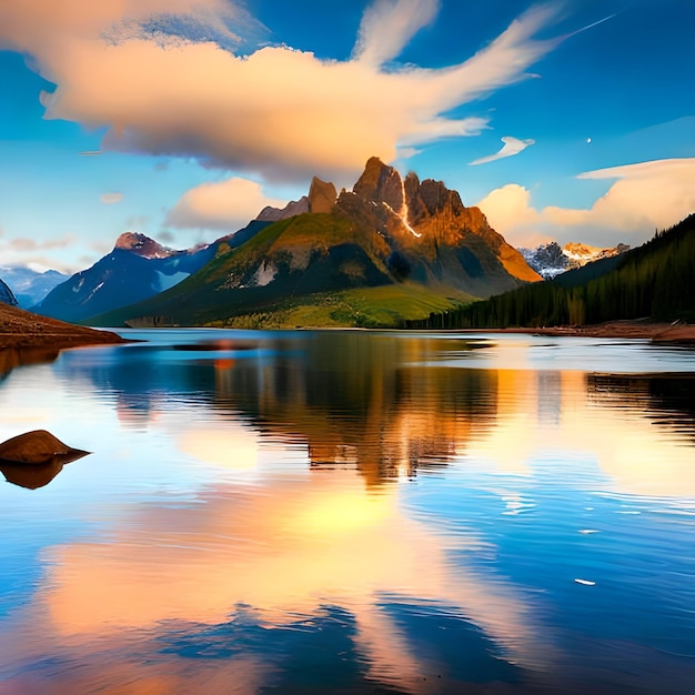 A mountain lake with a cloudy sky and a mountain in the background.