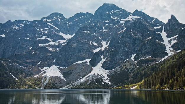 Mountain Lake with cold blue water, alpine forest and snowy rock