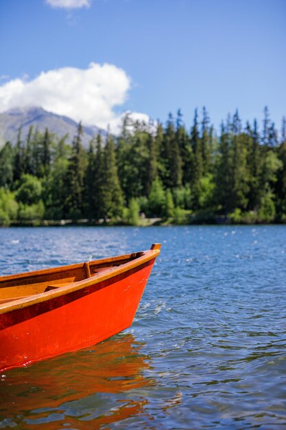 Mountain lake with coniferous forest, wooden boat sunny blue sky, idyllic freedom travel background