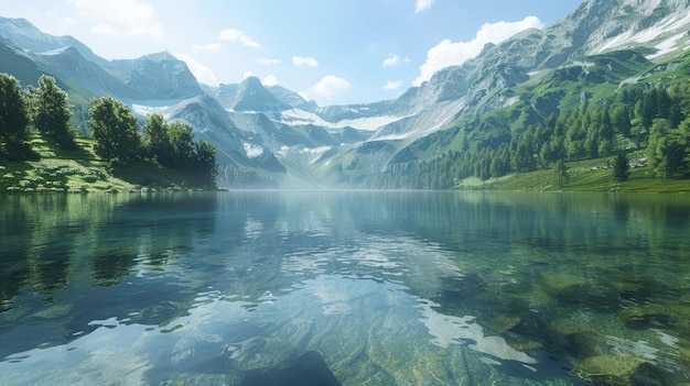 A mountain lake with crystal clear water