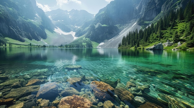 A mountain lake with crystal clear water