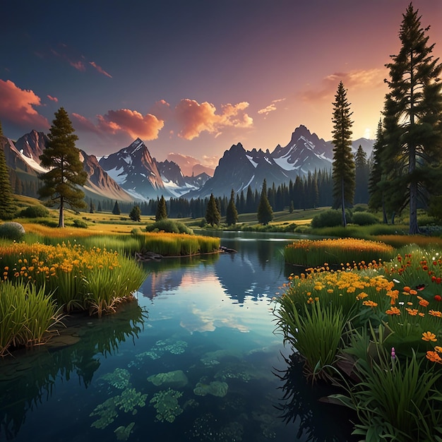 a mountain lake with flowers and mountains in the background