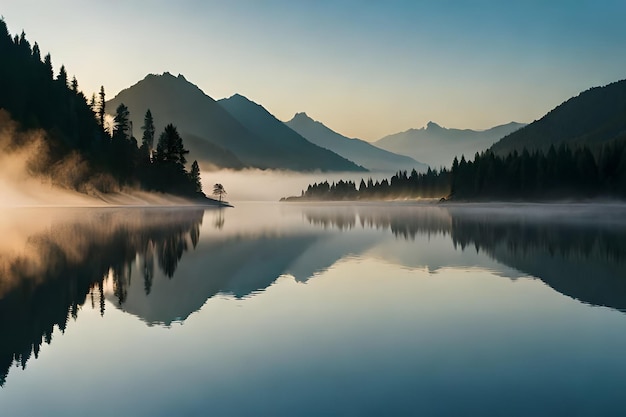 A mountain lake with a foggy sky and a mountain in the background