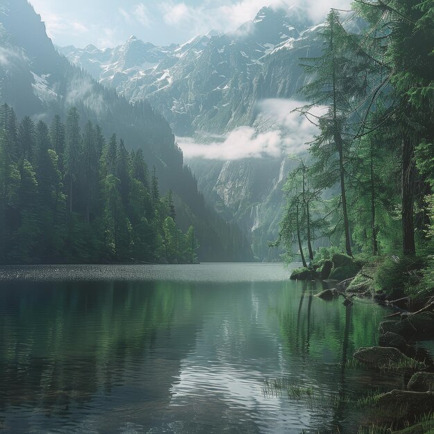 a mountain lake with a forest and mountains in the background