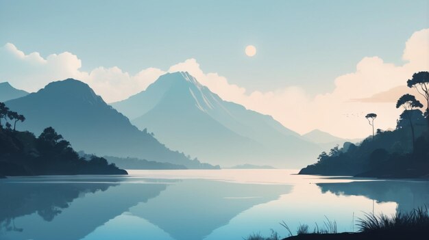 a mountain lake with a full moon in the background