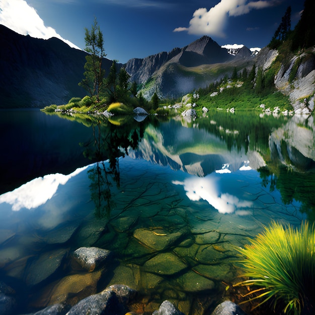 A mountain lake with a mountain in the background and a cloud in the sky.