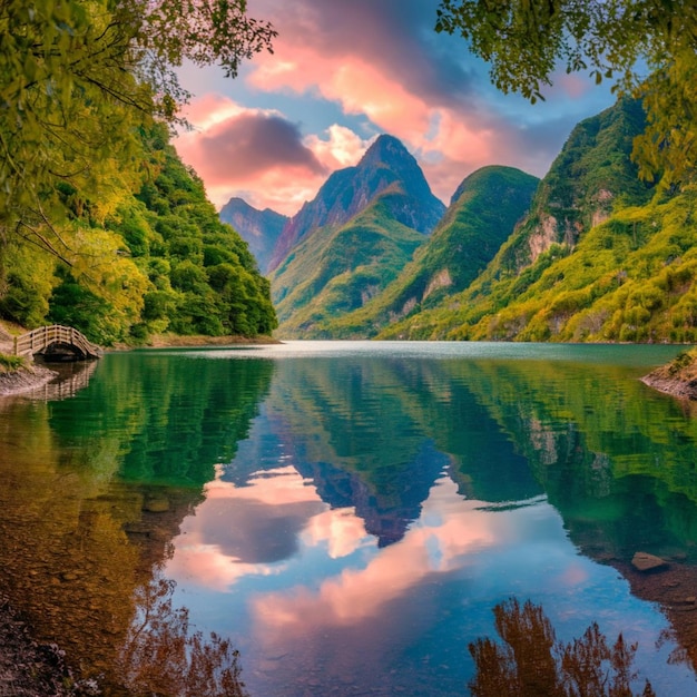 a mountain lake with a mountain in the background and a reflection of a mountain in the water