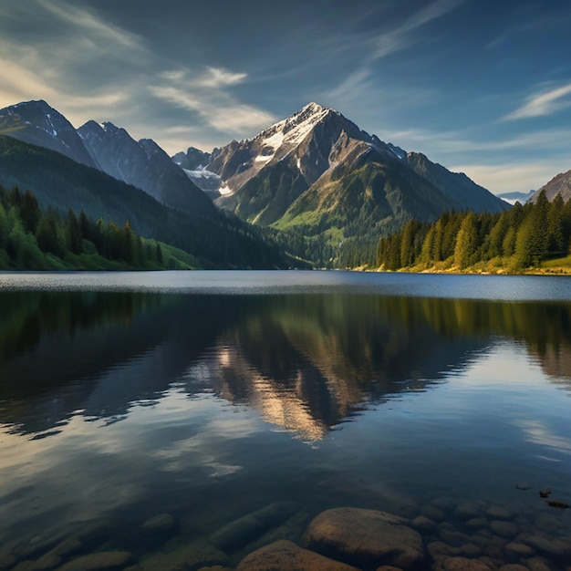 a mountain lake with a mountain in the background