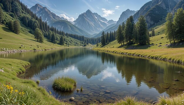 Photo a mountain lake with a mountain in the background