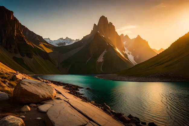 A mountain lake with a mountain in the background