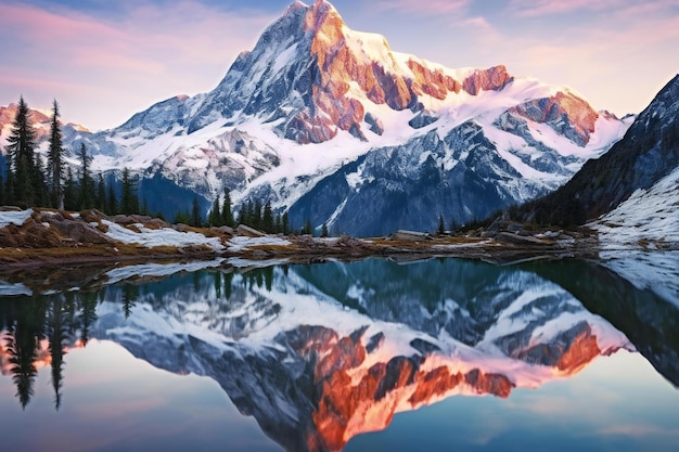 Mountain lake with reflection of snowcapped peaks at sunset