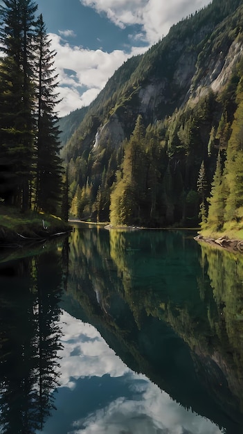 A mountain lake with a reflection of trees and mountains in the background