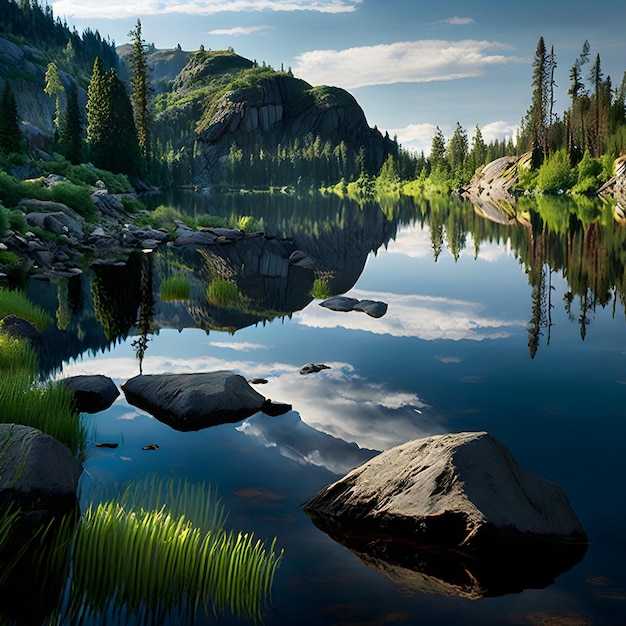 A mountain lake with a rock in the middle of it and a tree in the background.