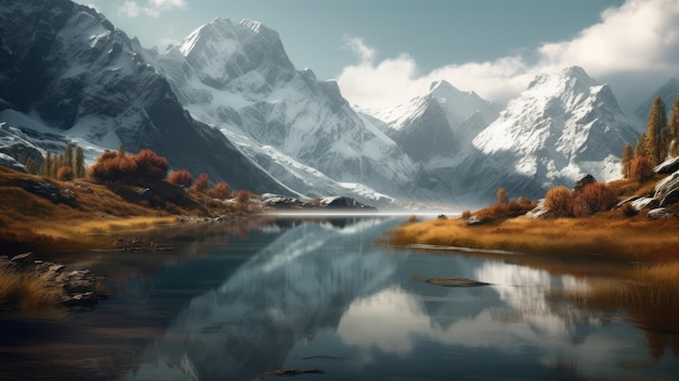 A mountain lake with snow capped mountains in the background