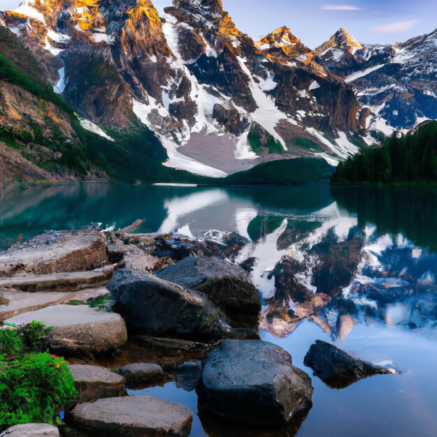 A mountain lake with snow on the rocks and a mountain in the background.