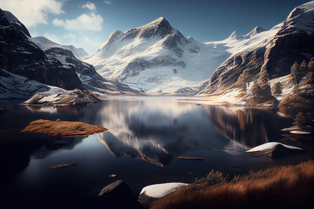 A mountain lake with snow on the top and a blue sky with clouds.