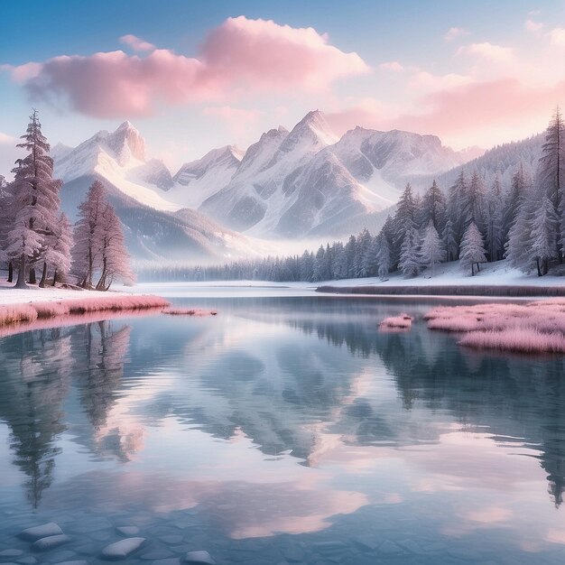 Photo a mountain lake with snow and trees in the foreground