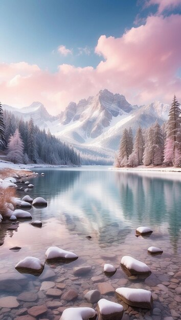 Photo a mountain lake with snow and trees in the foreground