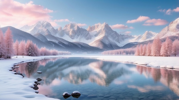 Photo a mountain lake with snow and trees in the foreground