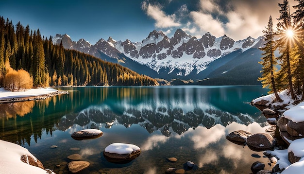 Photo mountain lake with snowy peaks