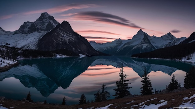 a mountain lake with a sunset in the background