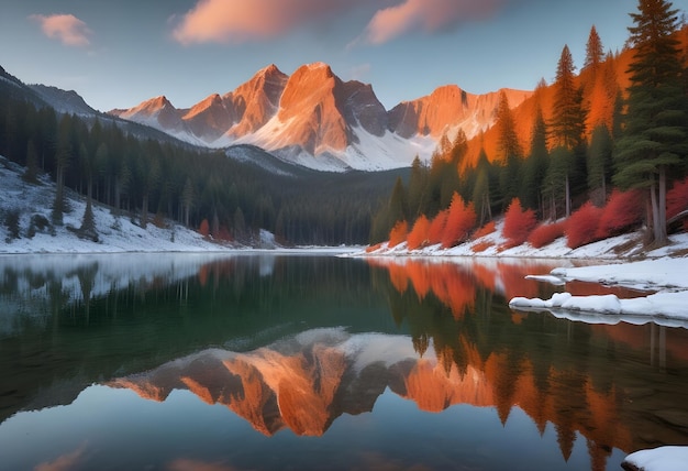 a mountain lake with a sunset in the background