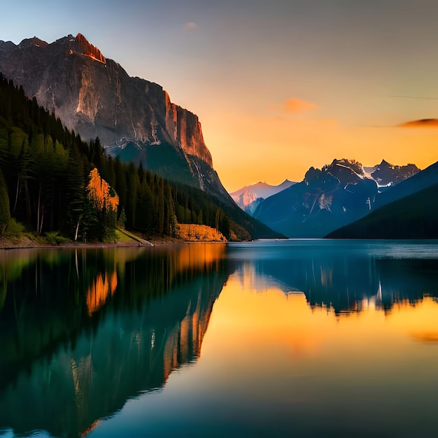 A mountain lake with a sunset in the background