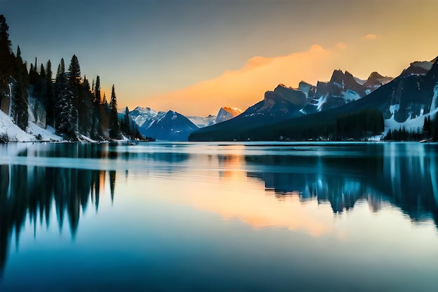 A mountain lake with a sunset in the background