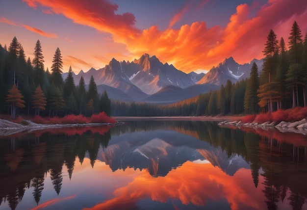 a mountain lake with a sunset and mountains in the background